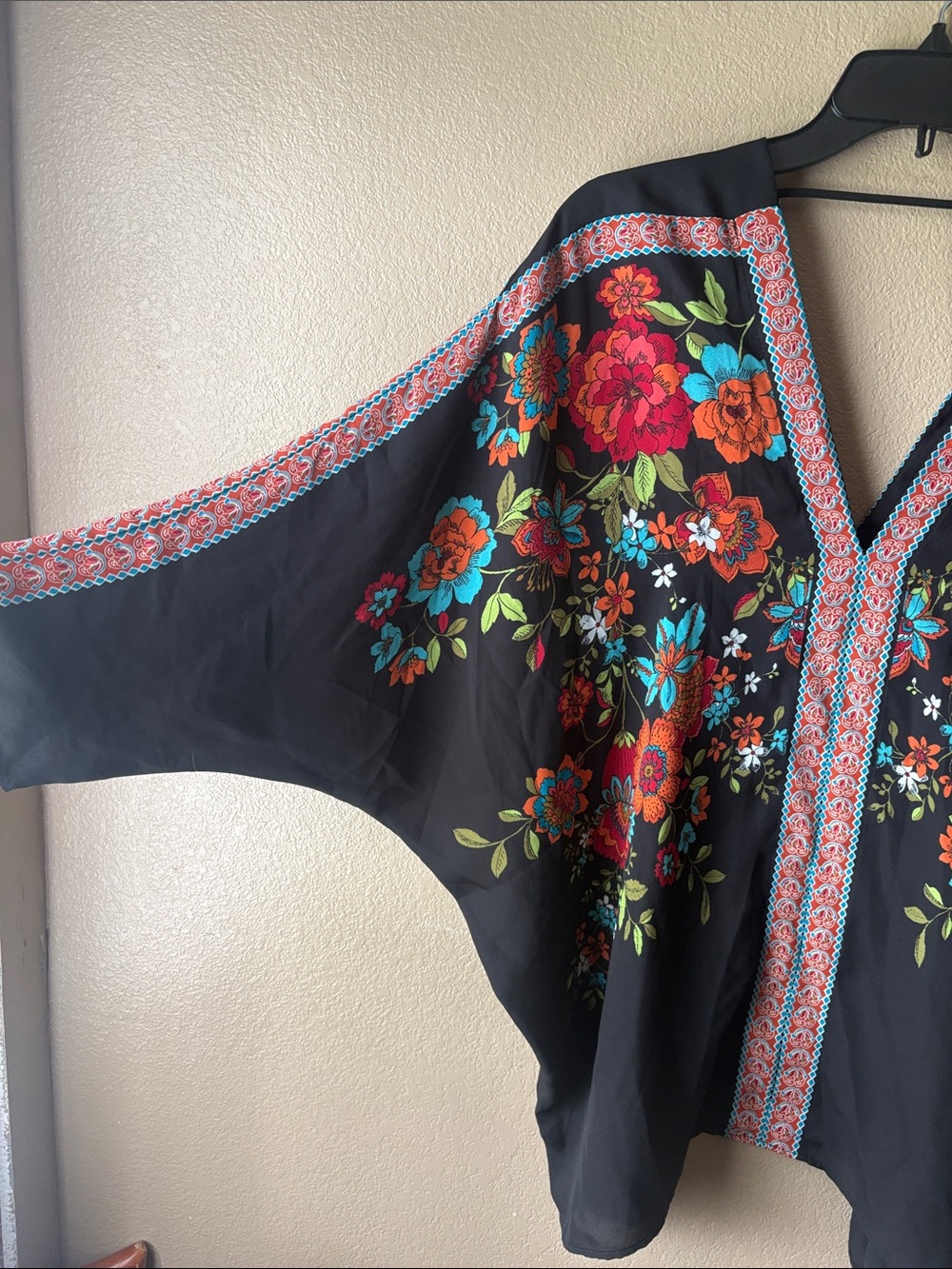 Rose & Olive Black V-Neck Tunic with Multicolor Floral Embroidery - Picture 4 of 6